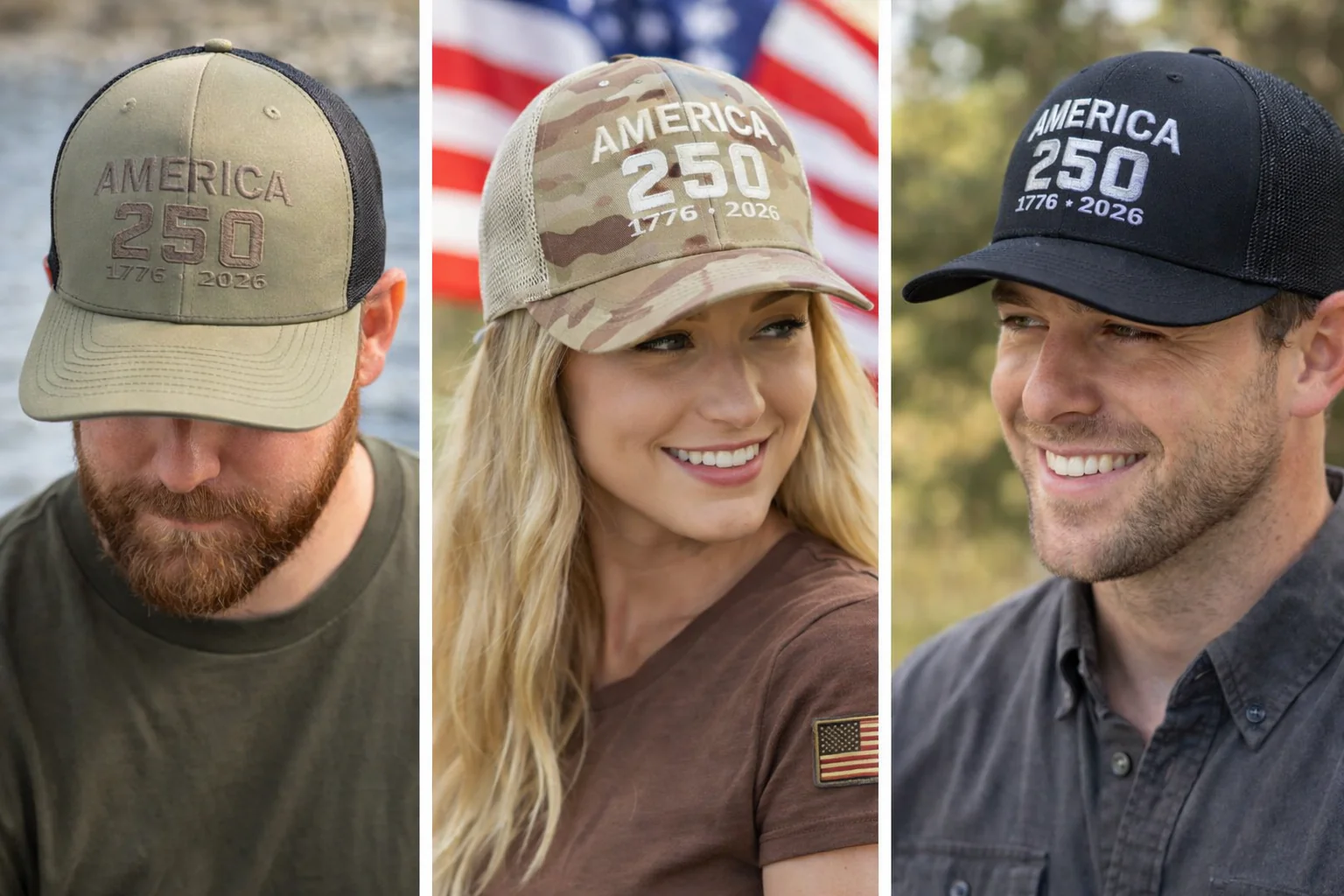 America 250 Anniversary Hat – 1776-2026 Patriotic Cap | Richardson 112PT Multicam Arid / Tan Trucker - Image 3