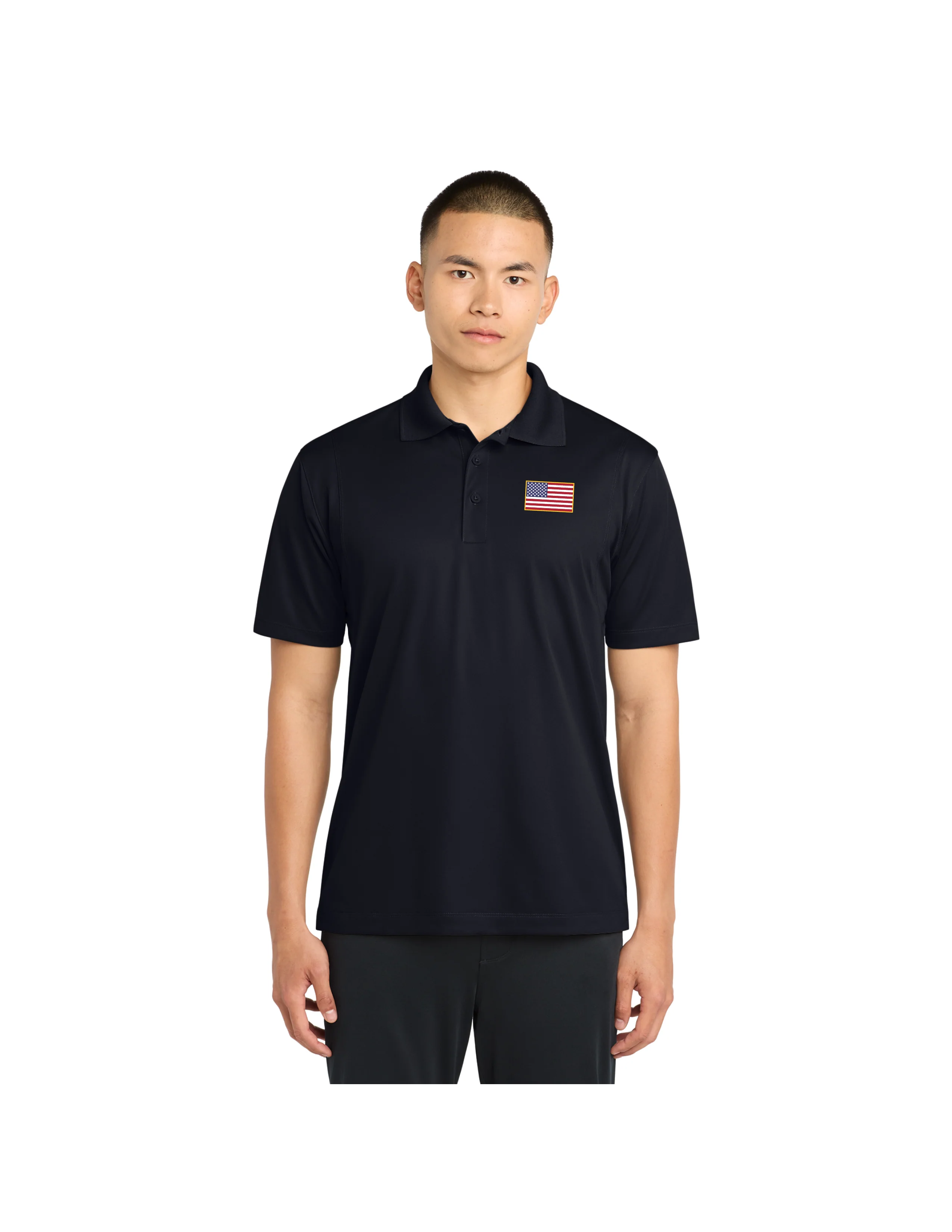 Embroidered American Flag Performance Polo - Black - Image 3