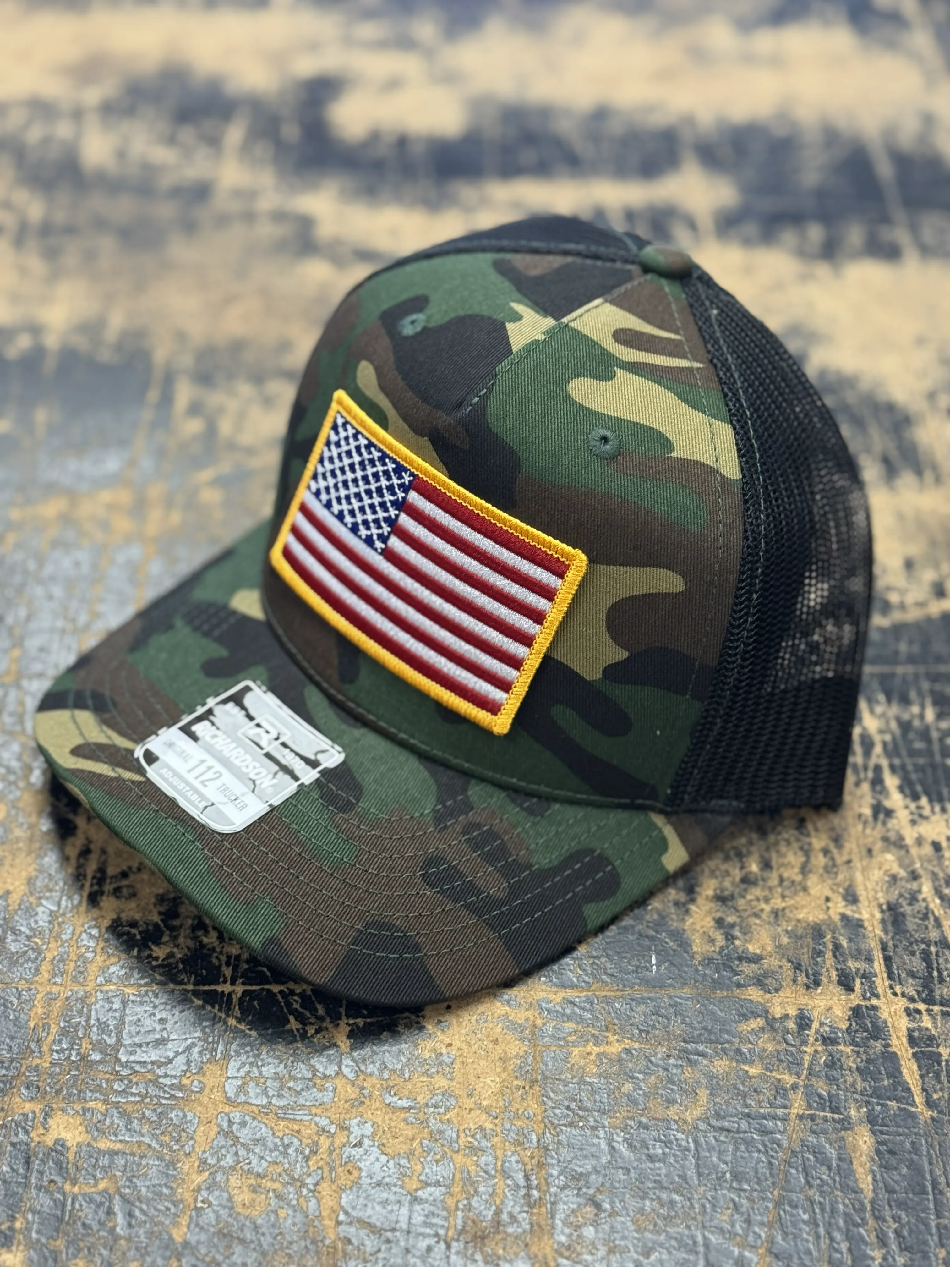 USA Flag Patch Hat, Richardson 112 Trucker | Green Camo/Black - Image 3